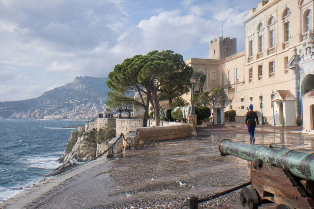 The Prince's Palace square on the Rock of Monaco with the stone facade in sunlight