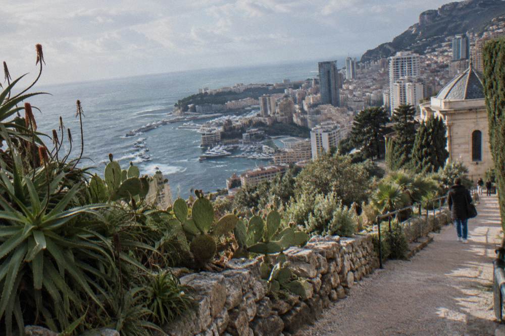 Succulent terraces of the Exotic Garden overlooking the Monaco skyline and sea
