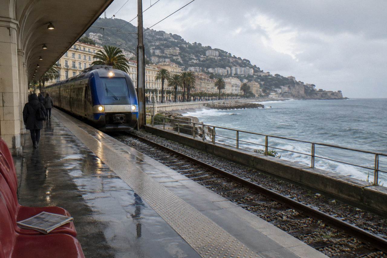 Coastal railway platform above the Mediterranean with a train arriving at a station on the cliffside between Nice and Monaco