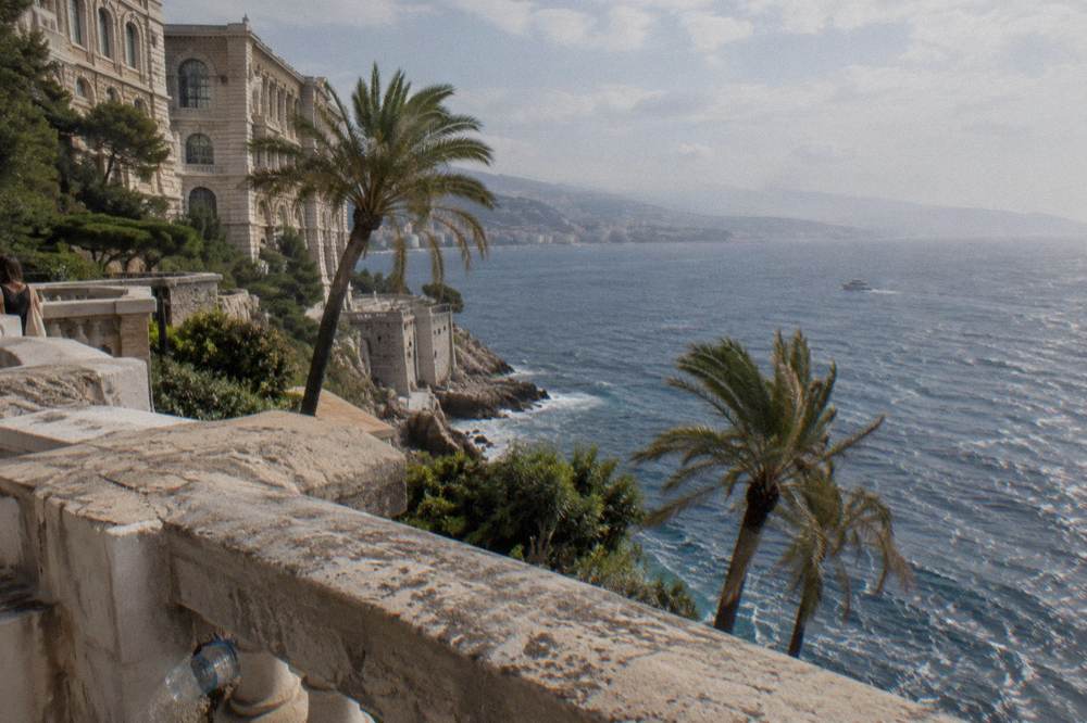Terrace overlooking the Mediterranean with palm trees and a stone railing along the coast
