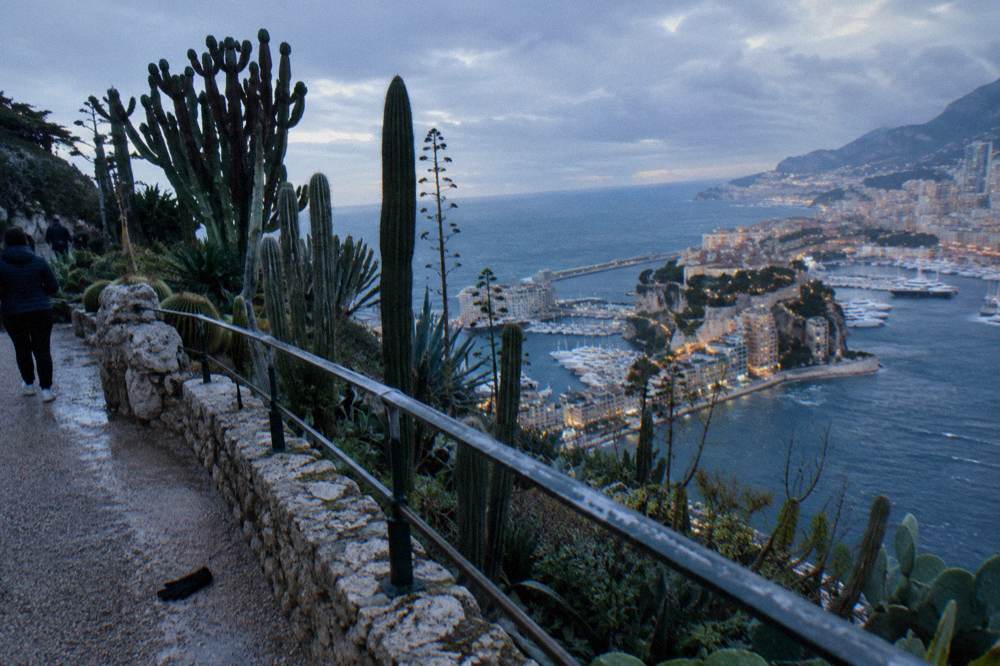 Evening view of Port Hercule in Monaco with illuminated buildings reflected in the water