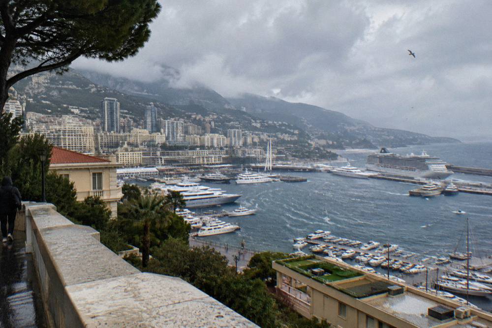 View over Monaco harbor with cruise ships and hillsides of apartment buildings