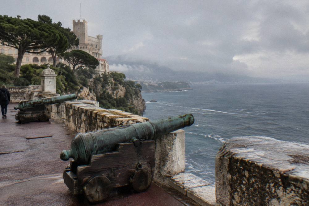 Empty stone ramparts on the Rock of Monaco overlooking the sea in winter light
