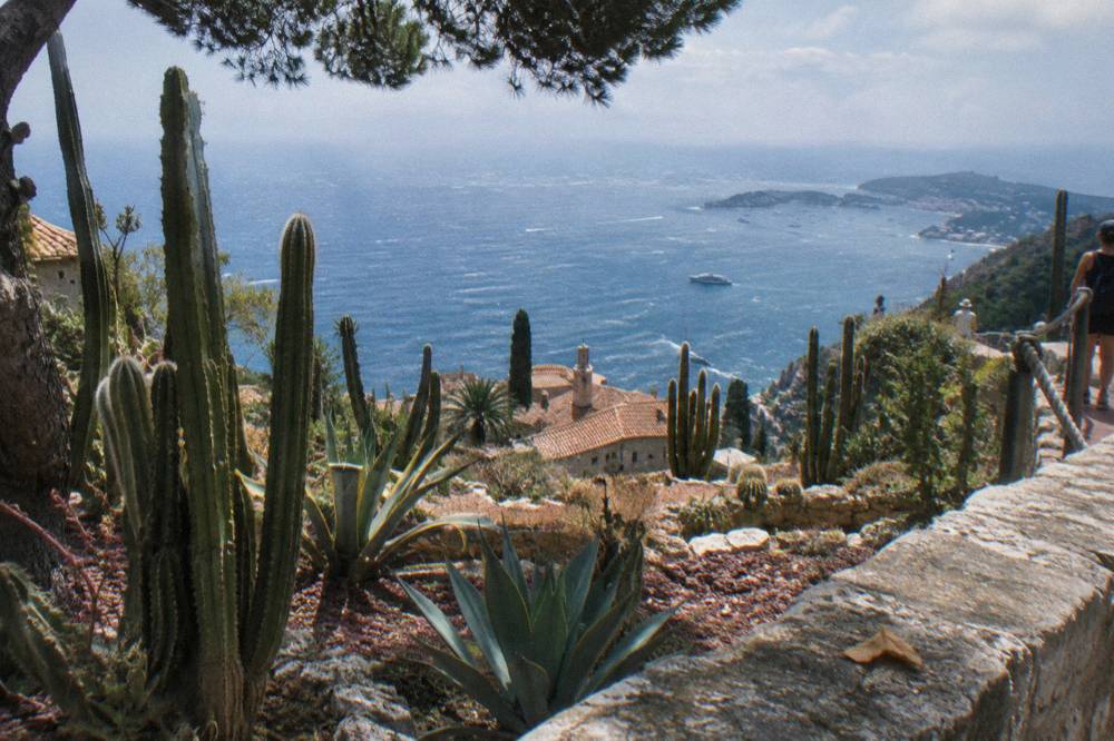 Medieval stone village lanes of Eze overlooking the blue Mediterranean sea