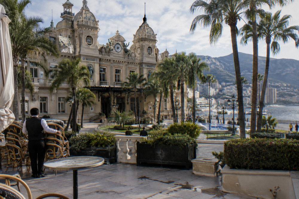 Grand Casino de Monte-Carlo facade with ornate architecture and palm trees