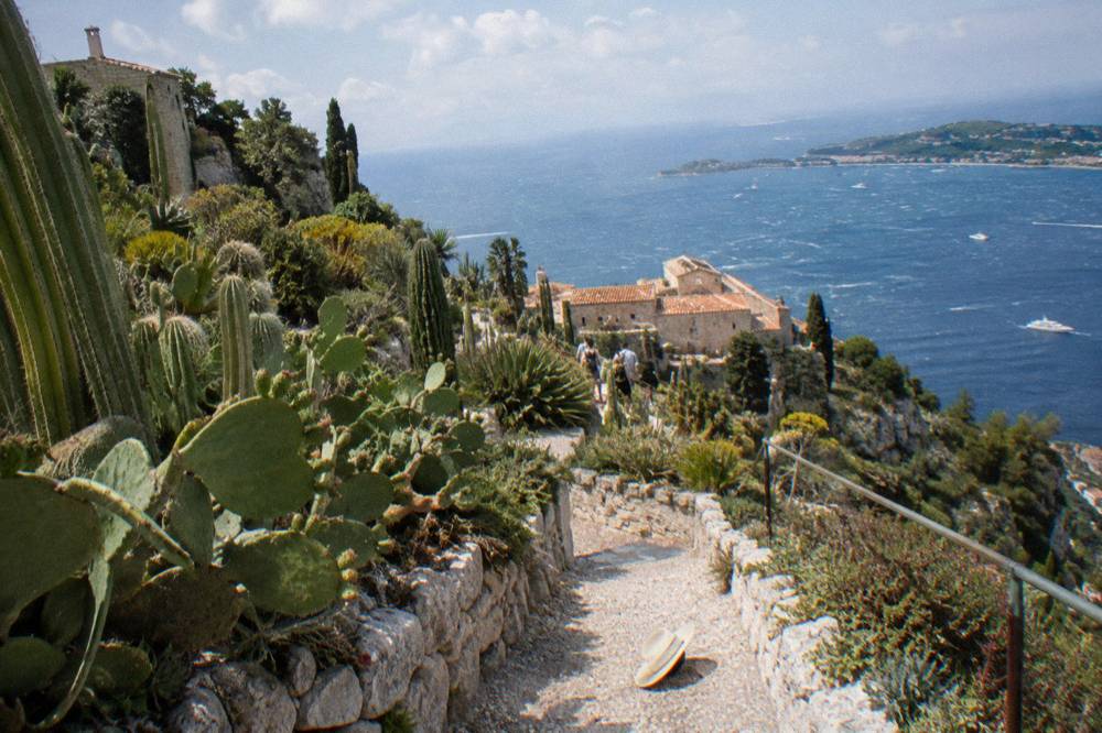 Cactus garden terraces on a cliff edge overlooking the blue Mediterranean sea
