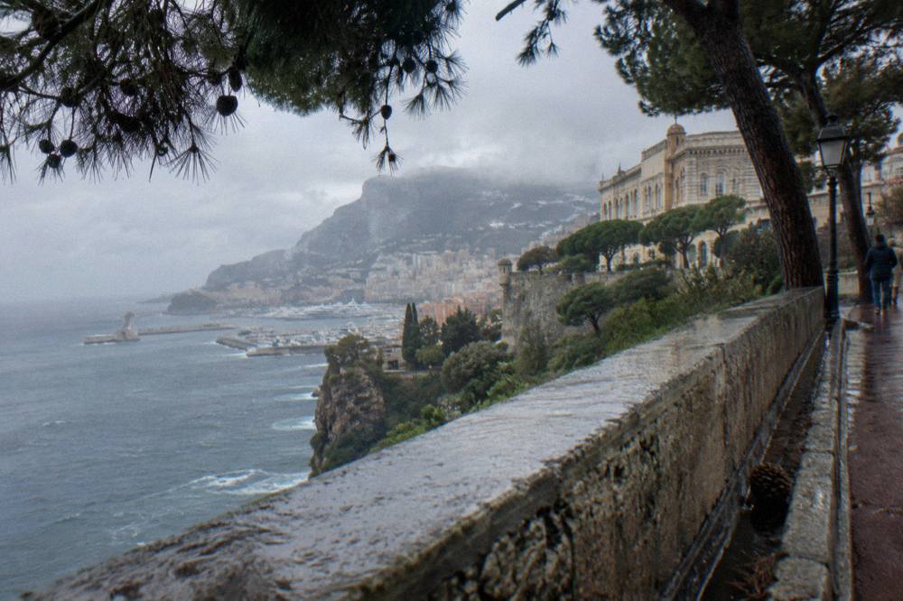Stone ramparts and pine trees above the Mediterranean at the edge of the Rock of Monaco
