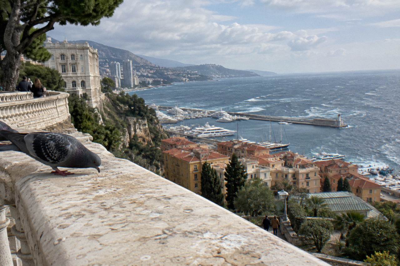 View over Monaco's rooftops and harbor from a garden terrace above the sea