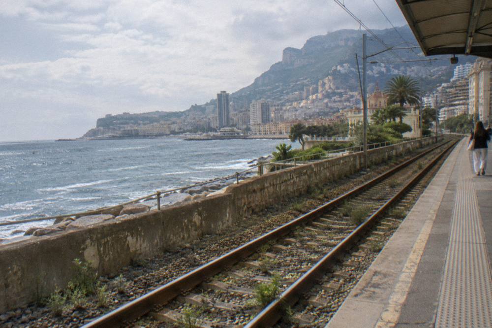Train platform on the coastal Riviera line above the sea