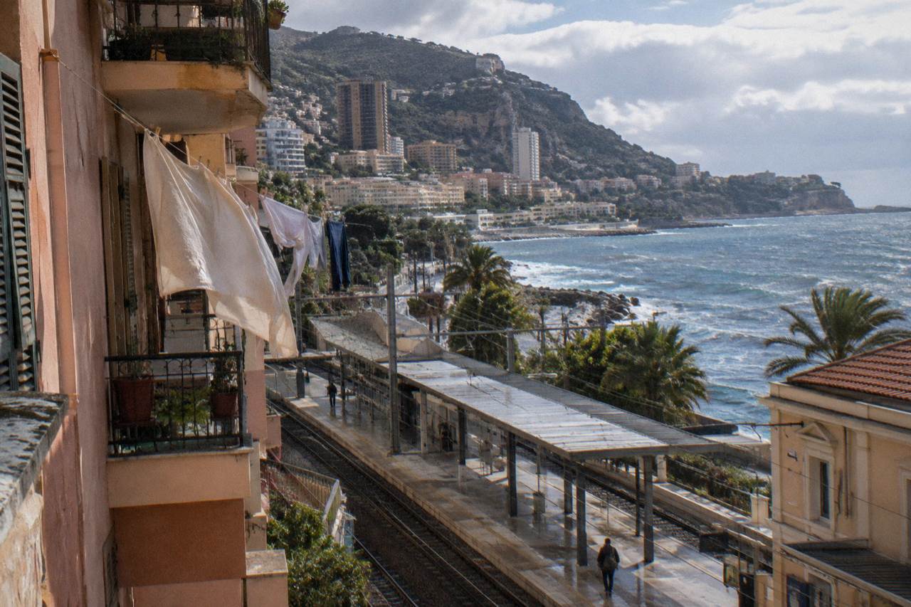 Pastel houses above the Mediterranean coast between Menton and Monaco
