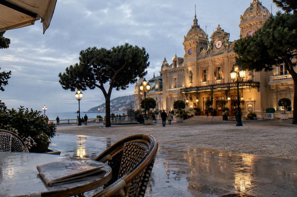 Evening light on the Casino square in Monte Carlo with ornate building facades