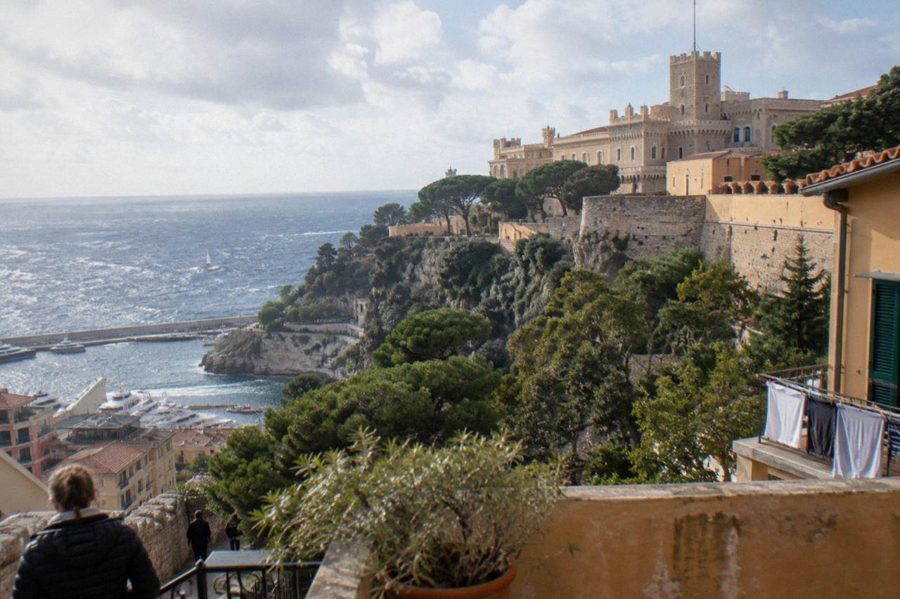 View over the Rock of Monaco and the Mediterranean from a hillside terrace