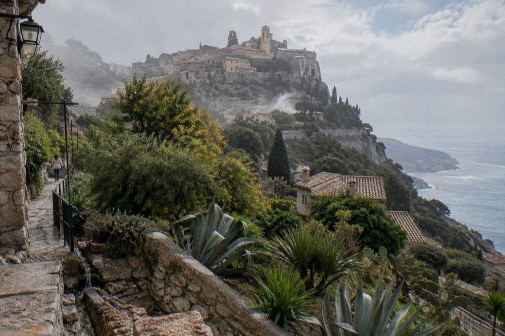 Perched medieval village of Eze above the Mediterranean with stone walls and terraced gardens