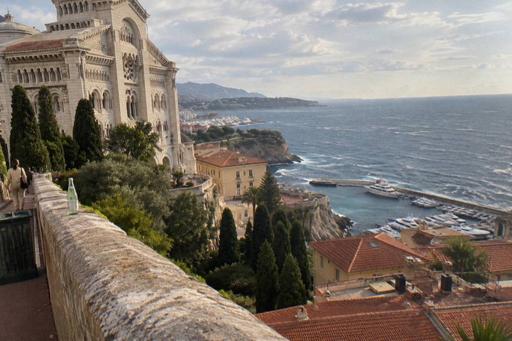 Monaco old town ramparts above the Mediterranean with terracotta roofs and palace walls