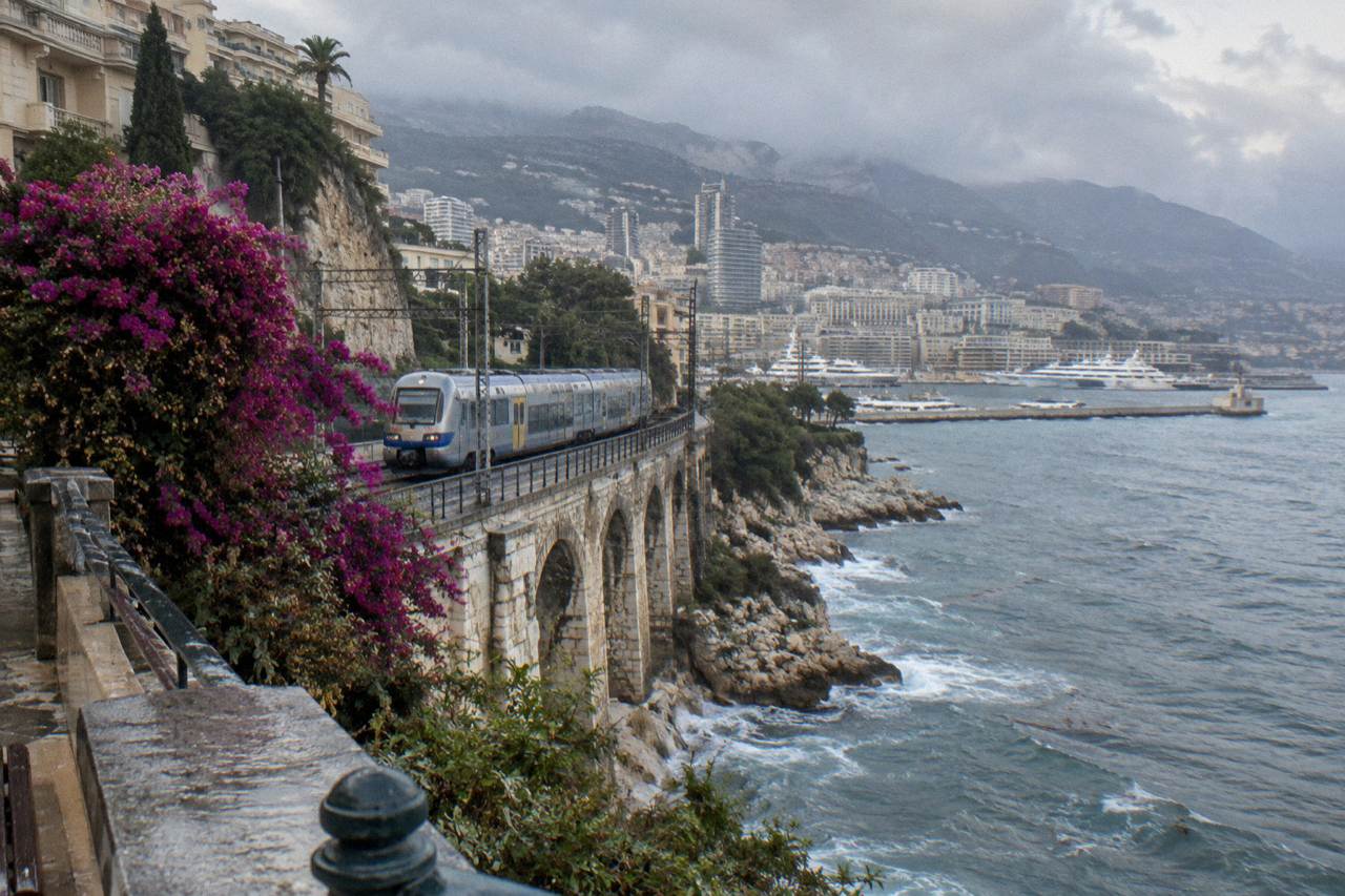 Coastal railway viaduct above the Mediterranean between Nice and Monaco