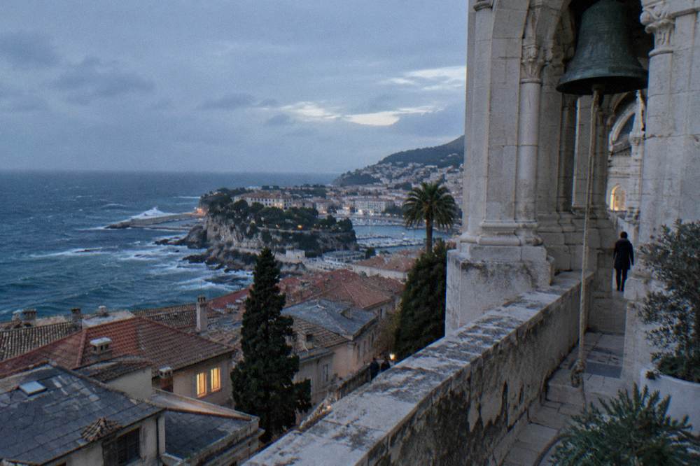 View over the Rock of Monaco and the cathedral rooftops toward the Mediterranean